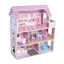 Puppenhauszubehör Simulieren Sie eine komplette Möbelset für ein großes Puppenhausspiel mit Villas Holzprinzessinnen Pink Doll Häuser DIY Girls Geschenk Q240522