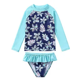 Zweiteilige einstimmige Kinder zweiteilige Badeanzug-Mädchen süße Blume gedruckt mit langem Ärmeln Badeanzug Schnelltrocknen und Sonnenschutz WX5.22744156