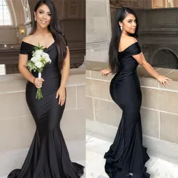 Mermaid Black Long Bridesmaid Dresses Plus Size Off the ombro Rouched Length Piso Garden Honor Honor Wedding Party GOWNS 2539