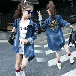 Girls Denim Jacket Spring Autumn Sequin Jean Coat for Kids Ripped Trench Top Fashion Teenager Long Cardigan Clothes XMP128 240522