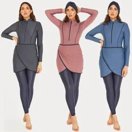 Muzułmańskie stroje kąpielowe kobiety Skromne patchwork Hidżab długie rękawy Sport Swimsuit 3pcs Islamski burkinis noszenie kostium kąpielowych 240520