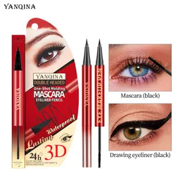 Yanqina 2 in 1 siyah göz astar maskara makyaj seti uzun ömürlü kirpikler kıvırma uzatma maskara kirpikler büyük gözler kozmetik kalem