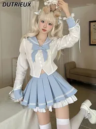 Arbeitskleider süßes Mädchen blau weiße Farbe Block Preppy Sailor Anzug Langarm Taille JK Uniform Hemd und kurzer Faltenrock