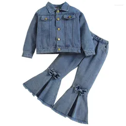 Zestawy odzieżowe 2 sztuki jesień jesieni maluch dziewczyna stroje mody dżinsowy z długim rękawem płaszcz płaszcza dżinsy dla dzieci butikowe ubrania