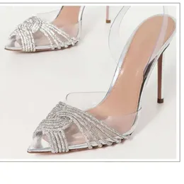 2024 e sandali Summer Rhinestone Spring Fashion Europa gli Stati Uniti Pinty Stiletto High Teli Baotou trasparenti sals