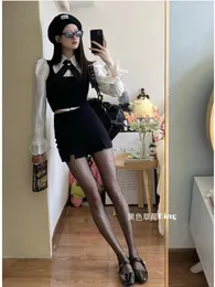 Work Dresses Korean Temperament Suit Women Black Vest Bubble Sleeve Shirt Pantskirt Bow Tie Fashion College Splice Solid Slim Four Piece Set