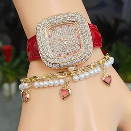 Fashionable square full diamond womens watch quartz heart shaped pendant bracelet