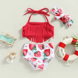 Visgogo Toddler Girls Bikini Bikini Set Solid Color Quaste Tops Strawberry Flower Shorts Stirnband Badebad