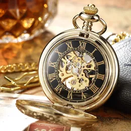 Luksusowy retro złoty pusty szkielet mechaniczny zegarek kieszonkowy męski łańcuch Fob Stalowa Stalowa rzeźba Kobiety mężczyźni kieszonkowe gify 240523