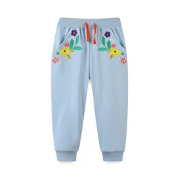 Jumping Meters 2-7T Girls Sweatpants Floral Embroidery Autumn Spring Drawstring Baby Trousers Toddler Full Length Pants Kids L2405