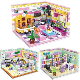 Blocks Creative Mini Room Kitchen Building City Friend Play House Set Apartment Modelo de tijolos montados Minimality Toy H240523