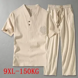 Mens roupas de tamanho grande caseiro marido terno de verão tshirt moda masculino Conjunto de estilo chinês 8xl 9xl mais duas peças 240517
