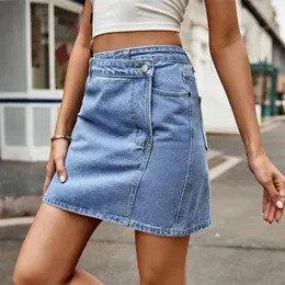 Saias Benuynffy Summer High Caist Jeans Mini Mulheres Vintage Uma linha Feminina Casual Assimétrico Jean Short