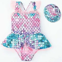 Mermaid Little Princess Swimsuit Baby One Piece Girls With Hat Children Szyborodki dla dzieci na plaży garnitur kąpielowy L2405