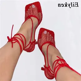 섹시한 여름 가을 340 Eilyken Mesh Sandals 암컷 사각형 발가락 하이힐 레이스 크로스 묶인 Stiletto 중공 드레스 Pum C48