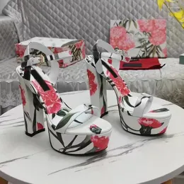 Sandali stampa floreale 3d di stampa 3d bloccato tacco donna estate 2024 boemia fibbia con tacchi alti puni di punta per donne 14 cm