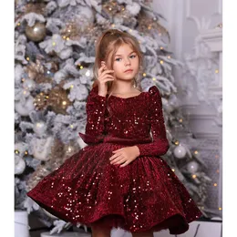 Sequins Dresses for First Communion Kids Piano Performance Wine Red Children Pageant Flower Girls Wedding Ball Gowns L2405