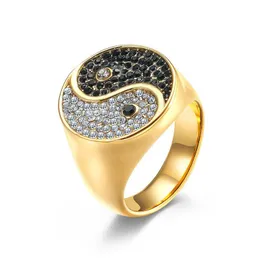 Band Rings Retro Gold Plated Nce Yinyang Black White Diamond Chunky Ring For Men Stainless Steel Finger Taiji Fashion Jewelry Drop De Dhgmr