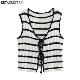 Mulheres Keyanketian Black White listrado colete de malha retro de verão de verão laceup hollow sweater de mangas macias e sem mangas 240516