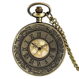Relógios de bolso Retro Bronze Hollow Flip Quartz Watch Numbers romanos Dial dourado