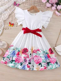 Mädchenkleider Mädchen Sommer Mode Freizeit Urlaubsstil Kleid mit doppelten Lotusblatt Ärmel und Blumendruck