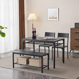 Mesa de jantar ZK20 Conjunto para 4, mesa de cozinha com 2 cadeiras e um banco, 4 peças para pequeno espaço, apartamento de pub de cozinha em casa, preto