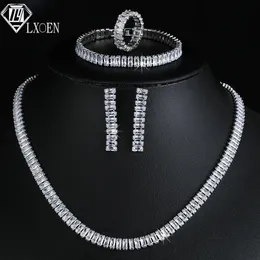 Lxoen Luxury Brilliant Cubic Zirconia Necklace Set Earrings Rings Women CZ Light Drop Bridal Wedding Jewelry Set 240511