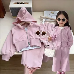 Autumn Spring Girls 3PCS Cotton Wide Leg Pants Solid Bottoming Camisole Suit Zipper Hoodie Jacket Kids Korean Style Outfit 2-7Y L2405