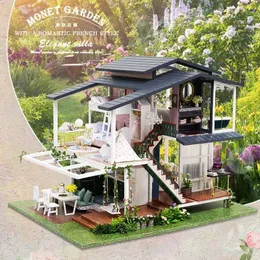 Docka hustillbehör diy casa jardin monet trä docka hus mini byggnad set fransk landsvilla stor docka hus med möbler och tjejleksaker q240522