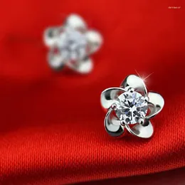 Stud Earrings SHUANGR Sterling Silver Color Cubic Zirconia Flower For Women Fashion Lady Wedding Jewelry