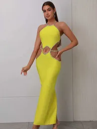 Temel gündelik elbiseler kadın ünlü seksi sırtsız kayış boncuklu maxi uzun limon sarı bandaj elbise 2023 zarif gece kulübü parti elbisesi j240523