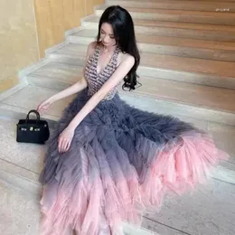 Etekler Koreli tarzı gradyan gri pembe etek orta uzunlukta a- line kek prenses elbise taze ve tatlı kadın giyim
