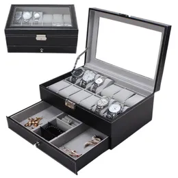 Professional 12 Grids slot orologi scatola di stoccaggio PU in pelle doppia strati orologi porta gioielleria Black Brown Casket Box 2019 2498