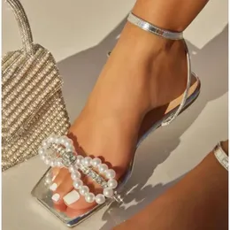 Women's Bow 2024 med Sandals Summer Pearl Flat Heels Elegant Rhinestone Party Ladies Shoes Plus Size 42 Sandalias EB6