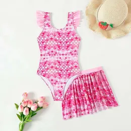 Novo maiô One Piece com saia de praia Rosa Mermaid Print Girls Summer Swimwear Kids Bathing Suits L2405