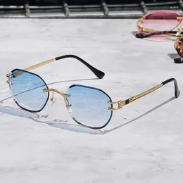 Солнцезащитные очки голубые безрамные мужчины 2024 Высококачественные квадратные металлические солнцезащитные очки Женщины зеркальные море летний стиль