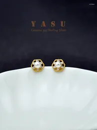 Stud Earrings Yasu Sterling Silver 925 For Women Luxury Shiny Pearl Hexagon Elegant Wedding Jewelry Accessories Gifts