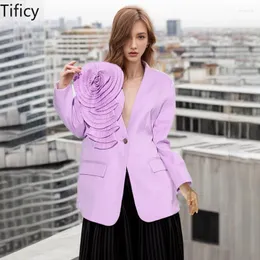 Frauenanzüge Tificy Frühling/Sommer modisch und elegante V-Ausschnitt Blazer One Button 3D Blumenspleißerde Designanzug Mantel