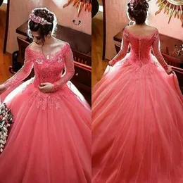 Modest coral quinceanera vestidos vestido de baile de manga comprida fora do ombro vestidos de 15 anos renda apliques manto de ball comprimento de piso 279t
