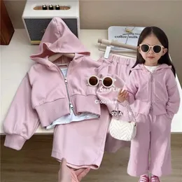 Autumn Spring Girls 3st Cotton Wide Leg Pants Solid Bottoming Camisole Suit Zipper Hoodie Jacka Korean Style Outfit 2-7Y L2405