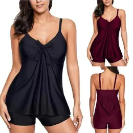 Frauen Plus Size Tankinis Sets Riemchen -Bowknot -Spaghetti -Straße Strandkleid mit Boyshorts weibliche solide Badebekleidung