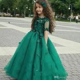 2019 Hunter Green Sıcak Sevimli Prenses Kızının Pageant Elbisesi Vintage Arapça Sheer Kısa Kollu Parti Çiçek Kız Güzel Elbise 214c