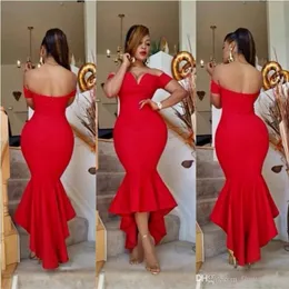 2019 Dubai Red Mermaid Sukienka koktajlowa Off Shouler Hi-Lo African Arabska Formalna sukienka imprezowa Plus Size Vestidos de Fiesta Cortos 250H