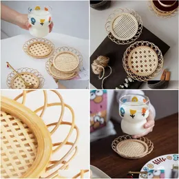 Tea Trays Japanese Style Bamboo Rattan Coaster Woven Saucer Handmade Mat Cup Holder Pot Pad Home Decor Kitchen Accessories Drop Delive Dhidl