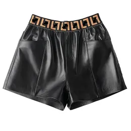 Women logo letter print bandage elastic waist PU leather designer shorts SL