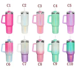 Sublimation 40oz Glitter Tumblers Cups with Handle and Straws Gradient Color Insulated Car Travel Mugs Stainless Steel Tumbler Big Capacity Water Bottles 0523