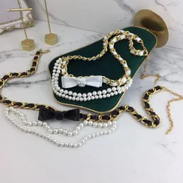 Bälten Fashion Luxury Belt Classic Leather Brand Chain For Women Flower Diamonds Beading Pearl Sashes Black Sheepskin 2081