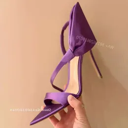 Satin Sandaler Kvinna Purple Sexig båge pekade öppen tå bakre rem Hög klackar Stiletto 2024 Summer Elegant Party Dress 397