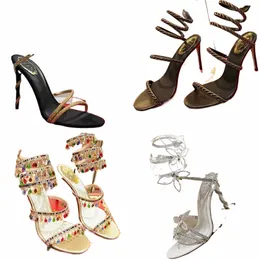 Rene Caovilla High Heels Cleo Luxury Designer Rhineste Ankel Wraparound High Heel Sandals Silk Crystal Pendant Pumpar Women's Evening Gold Sandals Ge L2sh#