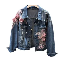 Fashion Perlen bestickte Jeans Jacke Mantel Frauen Neue Stereo Pink Flower Denim Jacke Herbst Lady039s Loch Basic Coat Outerwe6500763